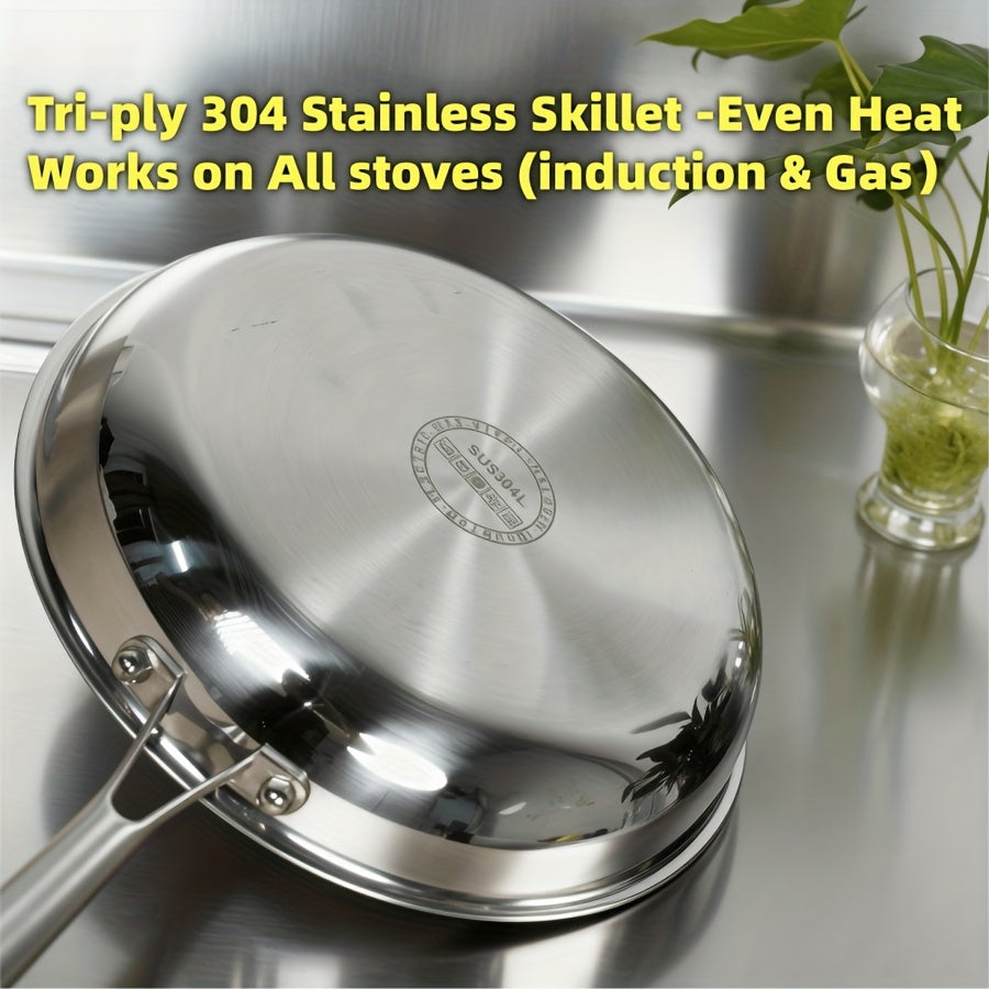 304 Stainless Steel Frying Pan Skillet – 3-Ply Base Even Heat Distribution, Induction & Gas Compatible, Rivet-Free Interior