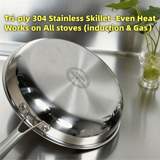 304 Stainless Steel Frying Pan Skillet – 3-Ply Base Even Heat Distribution, Induction & Gas Compatible, Rivet-Free Interior