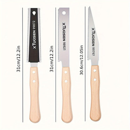 Japanese Pull Saw Set 3-Piece, Double-Sided Fine Teeth Curved Hardwood Hand Saw for Woodworking, Trimming & Precision Cutting