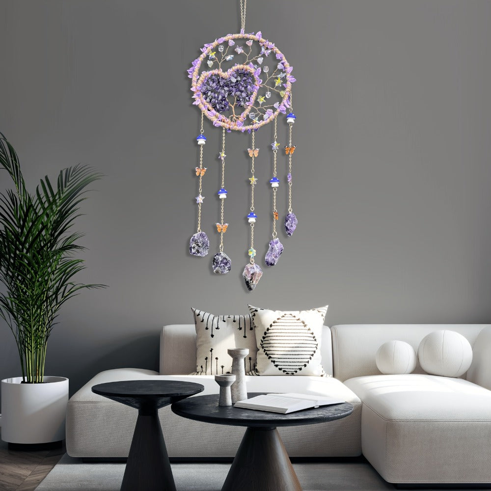Boho Crystal Wall Hanging Decor – Handmade Stone Bead Wind Chime with Colorful Gemstone Heart & Circular Crystal Pendant for Bedroom Living