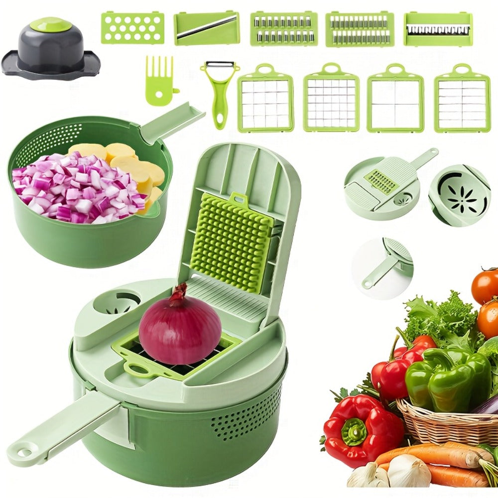 16-in-1 Green Vegetable Chopper with Round Container, Grid Dicing Plates, Slicer, Grater and Peeler Pieces
