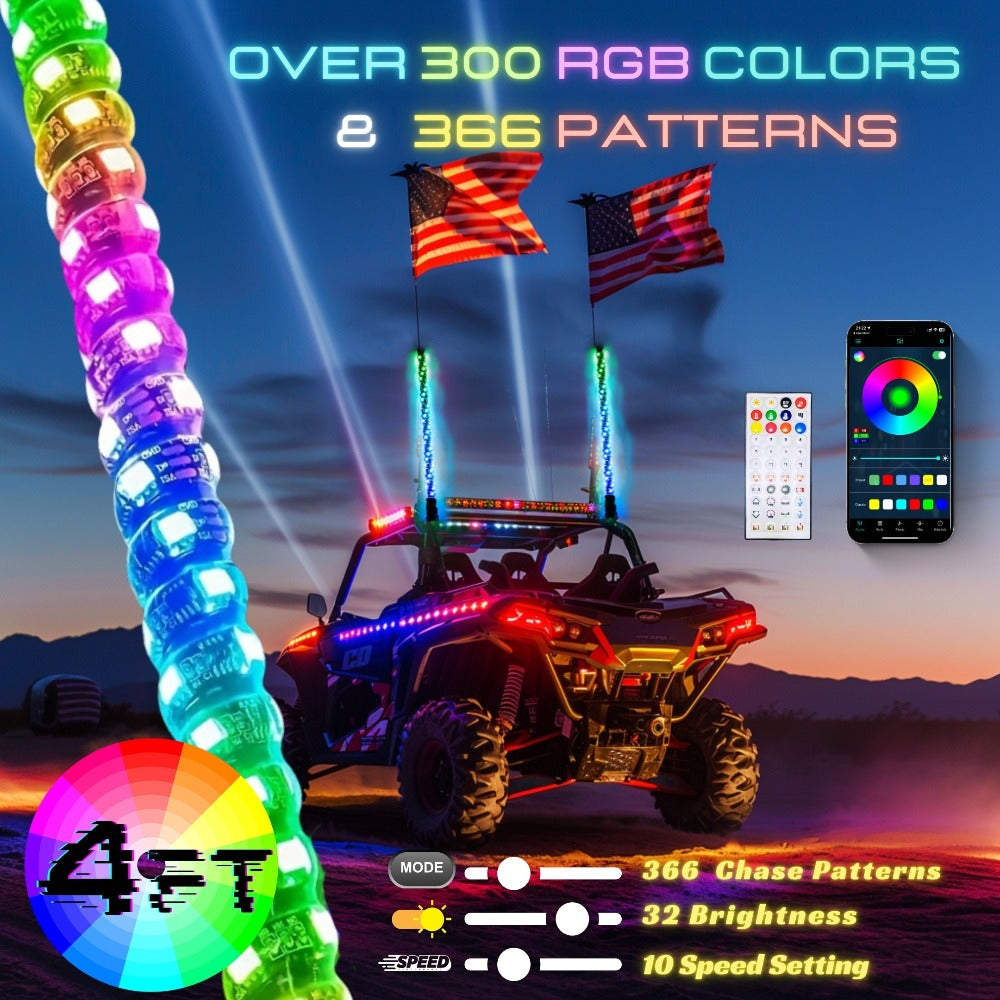 RGB LED Whip Lights for UTV ATV – 1ft/2ft/3ft/4ft Spiral Color Changing Neon Light Whips with Remote & App Control, Music Sync