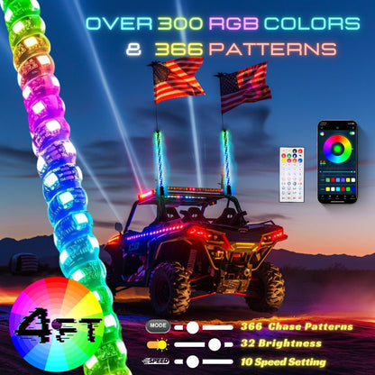 RGB LED Whip Lights for UTV ATV – 1ft/2ft/3ft/4ft Spiral Color Changing Neon Light Whips with Remote & App Control, Music Sync