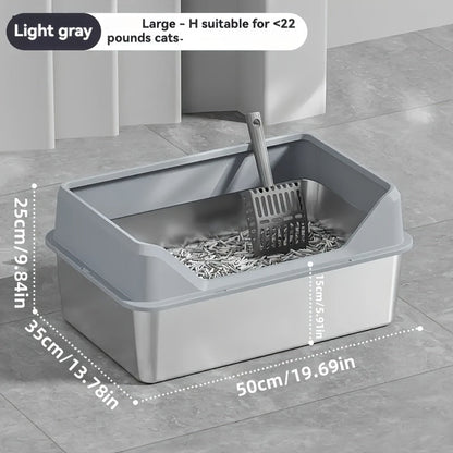 Steel Cat Litter Box with High-Wall Surround, Front Step and Scoop in XL or XXL, Khaki, Gray or Black