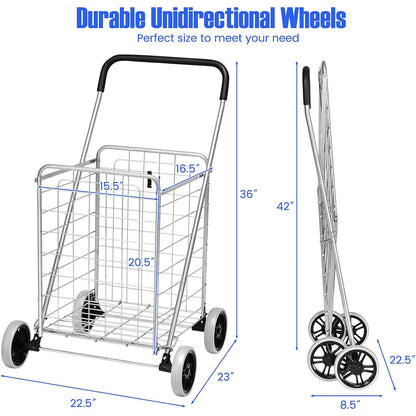 Rolling Shopping Cart Metal Basket, Foldable Grocery Utility Cart with Foam Handle Large Wheels 22 Gal for Supermarket Laundry Warehouse