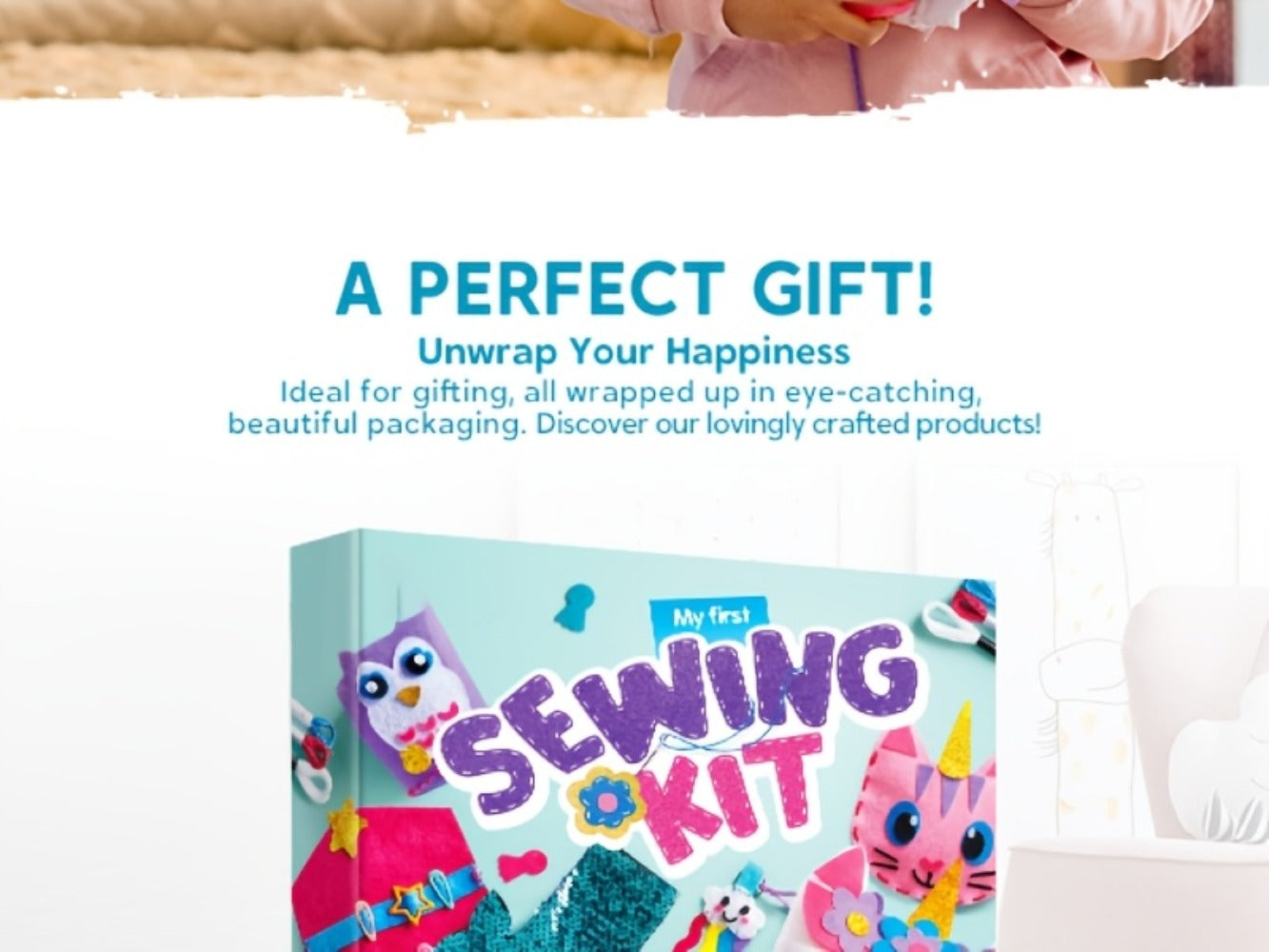 Kids Sewing Kit for Beginners 7 Felt Craft Projects, Pre-Punched Holes Safe Needles Mini Pillow Keychain Card Holder Cup Sleeve