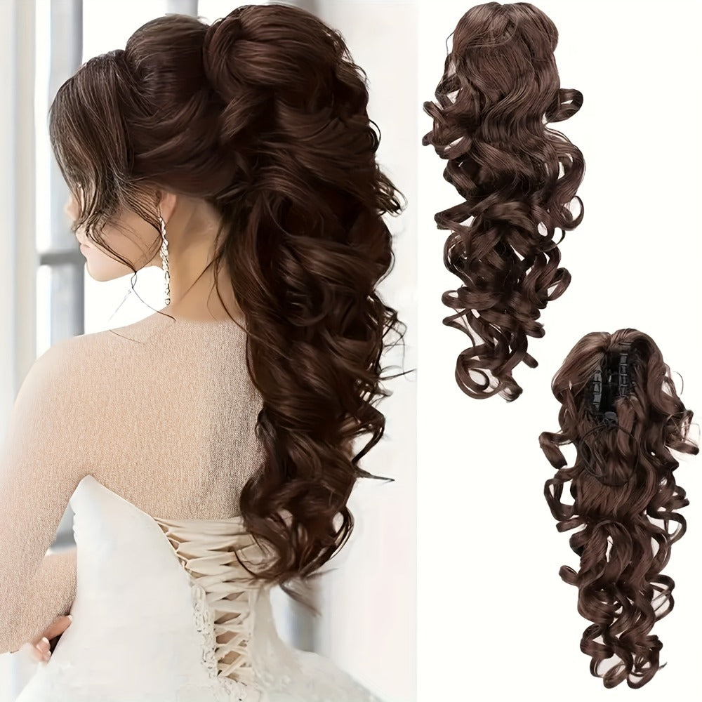 Scroll Curl Claw Clip Ponytail Extension Gradient Color 16 Inch | Synthetic Heat Resistant Hairpiece 5 Colors Linen Brown Golden Grey