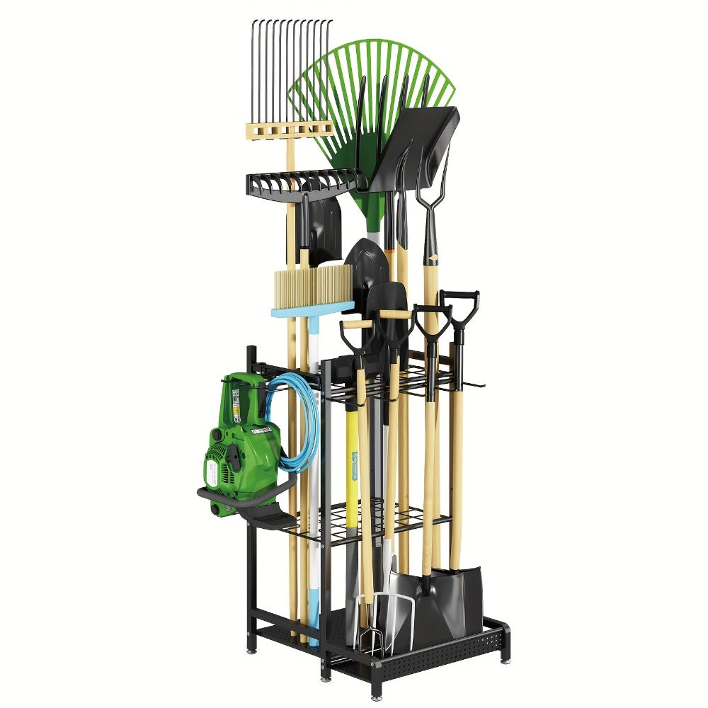 Garden Tool Organizer for Garage, Metal Yard Tool Storage Rack with Hooks & Wheels for Long-Handled Tools