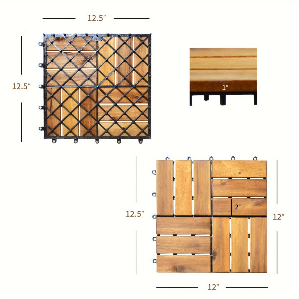 Interlocking Acacia Wood Deck Tiles 27-Pack – 12x12 Inch Oil-Finished Slat Tiles, Covers 27 Sq Ft, Tool-Free Install, for Patio, Balcony