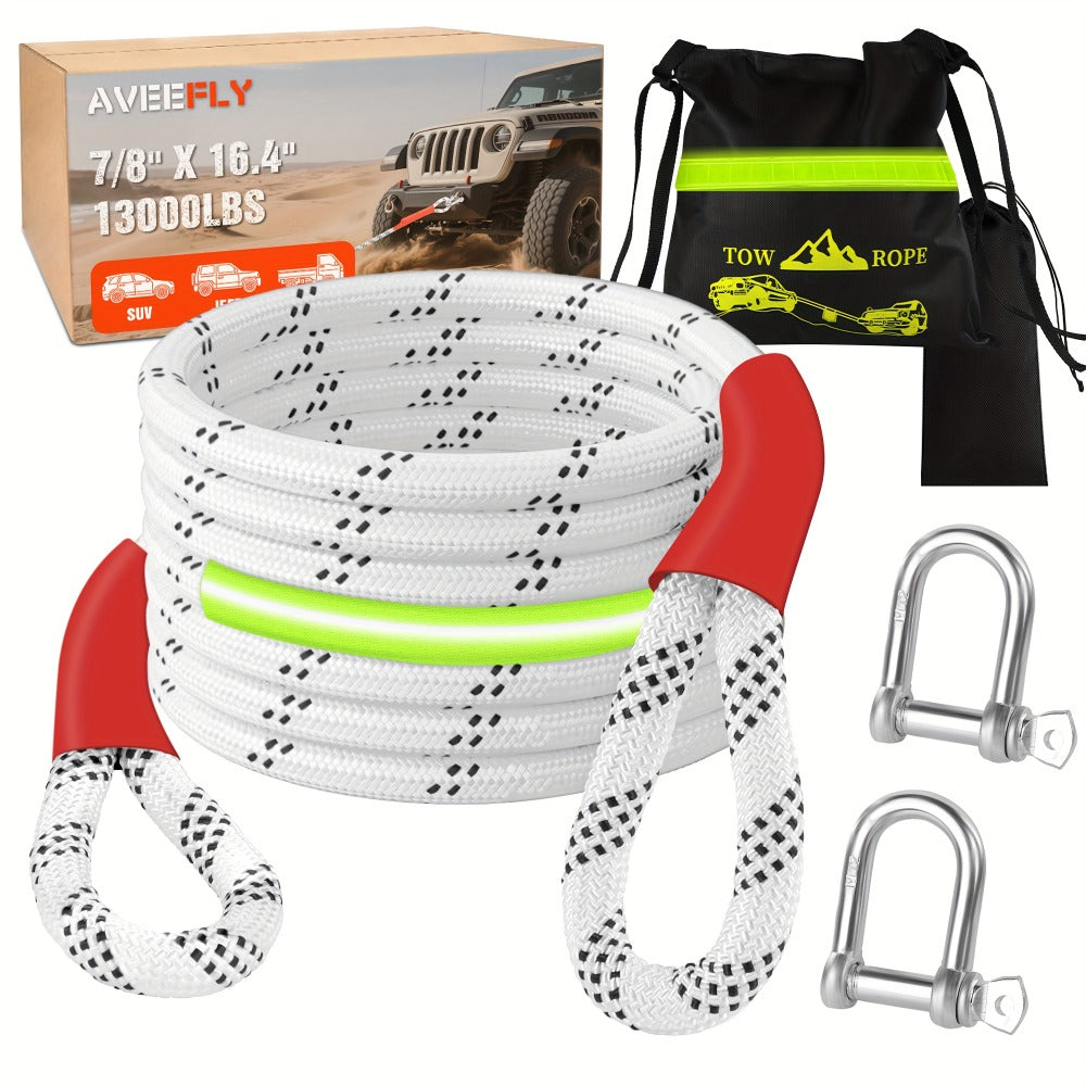 Recovery Tow Strap Kit 45000 LBS Break Strength – 7/8" x 30ft Polyester Rope, 2 D-Ring Shackles, Reflective Flag & Storage Bag