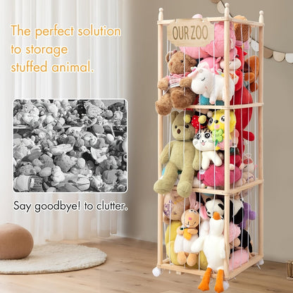 Stuffed Animal Storage Tower Wooden Zoo Cage Design Large Plush Toy Organizer Holder for Kids for Entryways, Bedrooms and Living Spaces