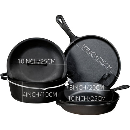 Cast Iron Cookware Set for Kitchen Camping BBQ – Non-Stick Skillet Dutch Pot Frying Pan Baking Tray Griddle Options