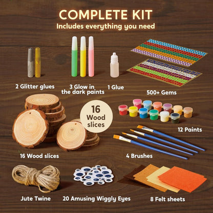 Kids Painting Kit Glow in the Dark, Wood Slice Arts & Crafts Set Ages 6+ with 16 Wood Slices, Felt