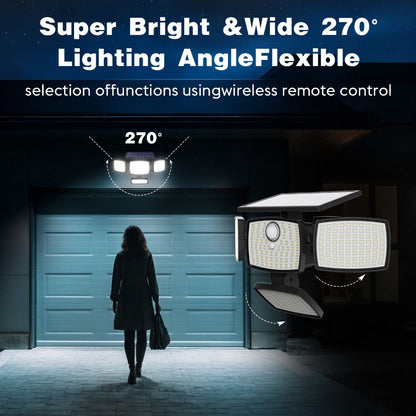 Solar Outdoor Motion Sensor Light 4-Head 3000LM, 270° Wide Angle, 3 Modes, Remote Control for Garden, Pathway and Patio Lighting