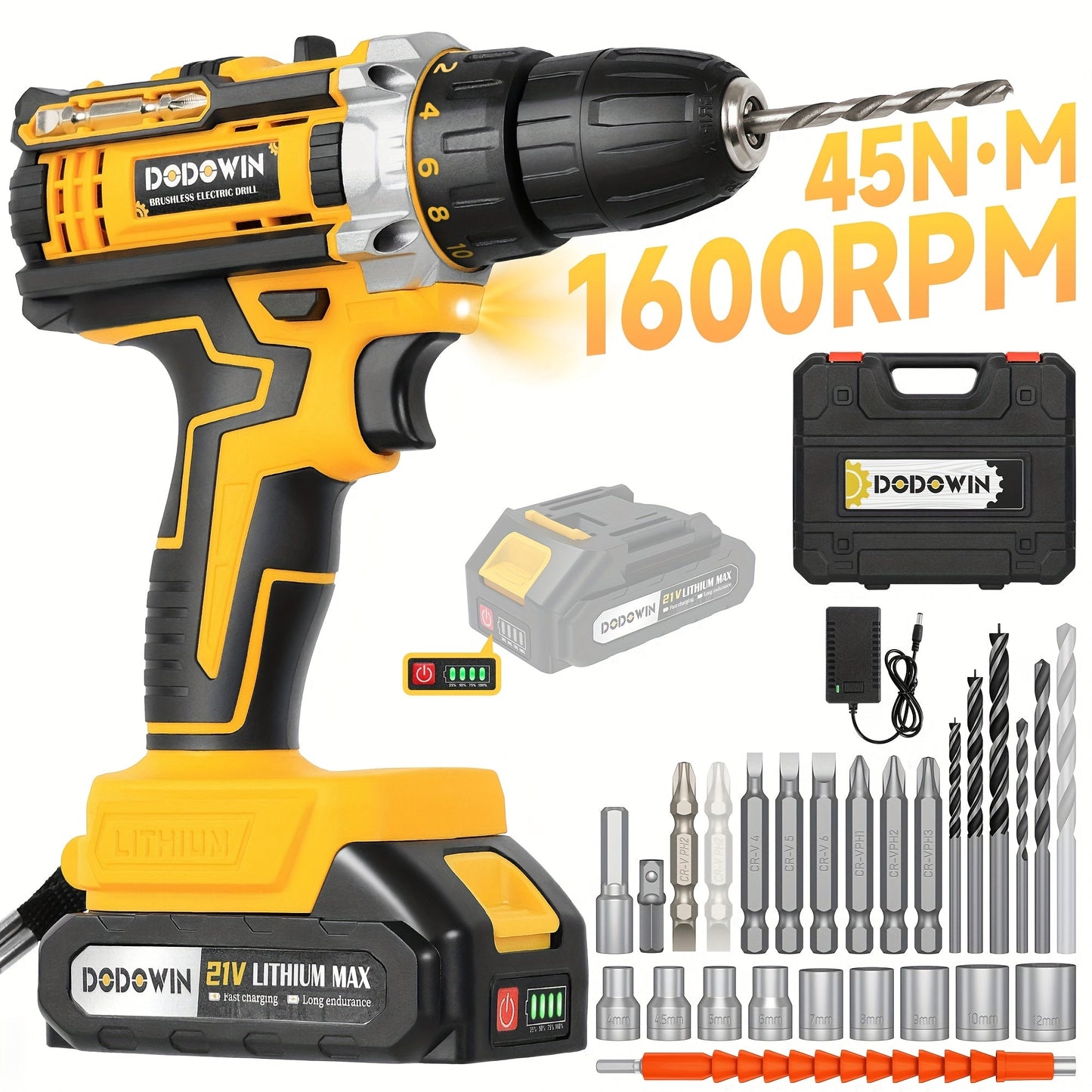 Cordless Impact Drill Set 12V / 21V Electric Drill Kit, 45Nm Torque, 2-Speed, Keyless Chuck, LED Light