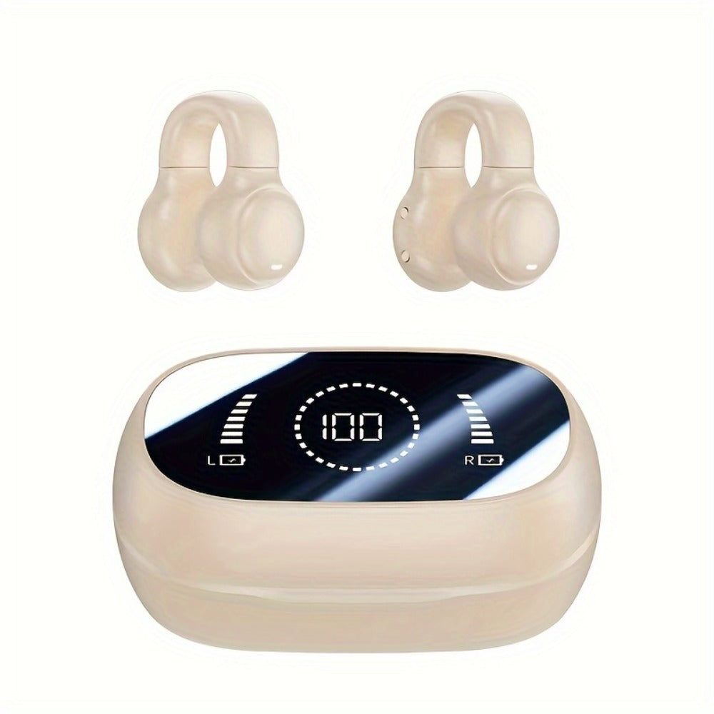 Open-Ear Clip Earbuds with Digital-Display Charging Case in Black or Beige Checkout Options