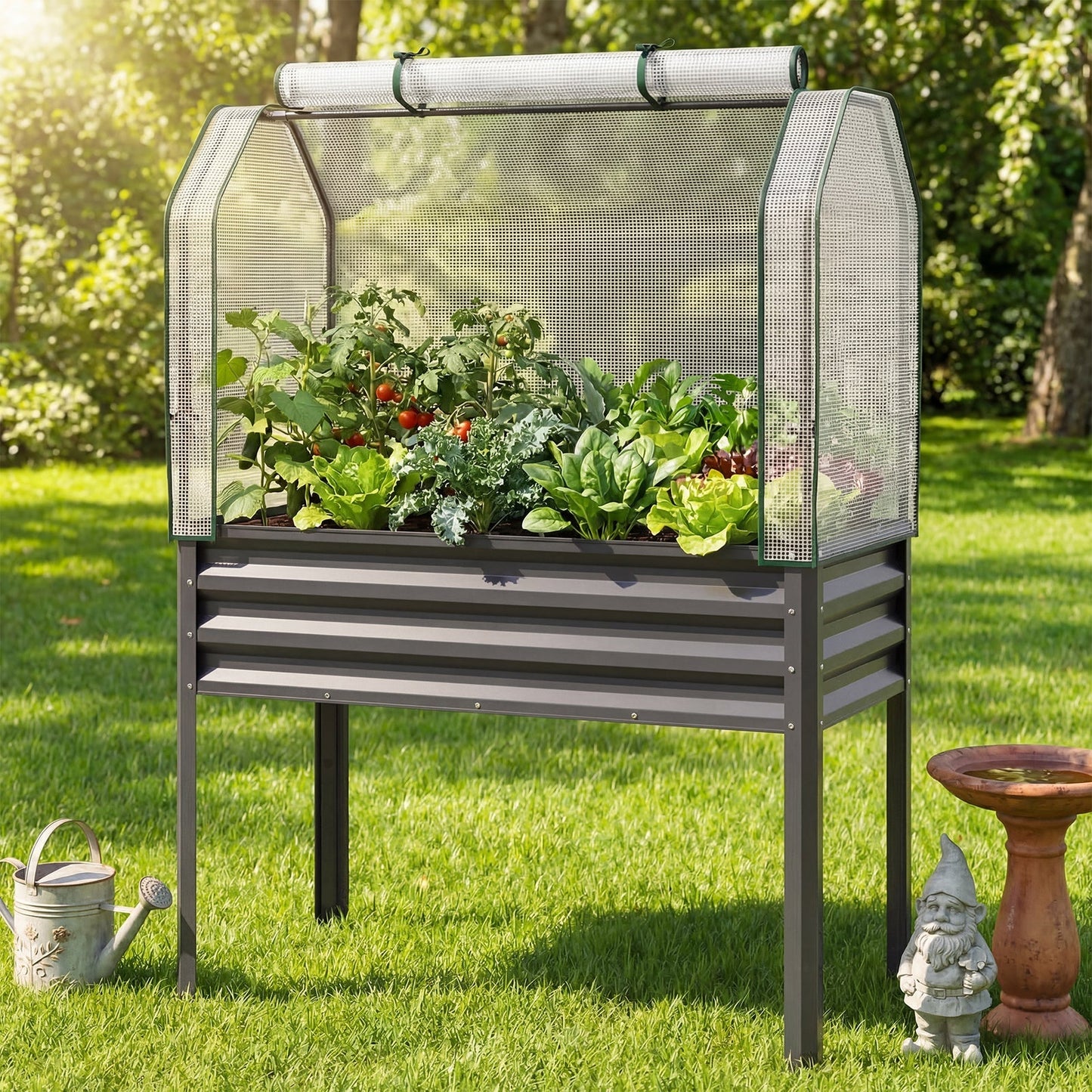 Elevated Raised Garden Bed with Greenhouse Cover 3-in-1, 44"x22"x60" Electroplated Metal Planter Box with Legs