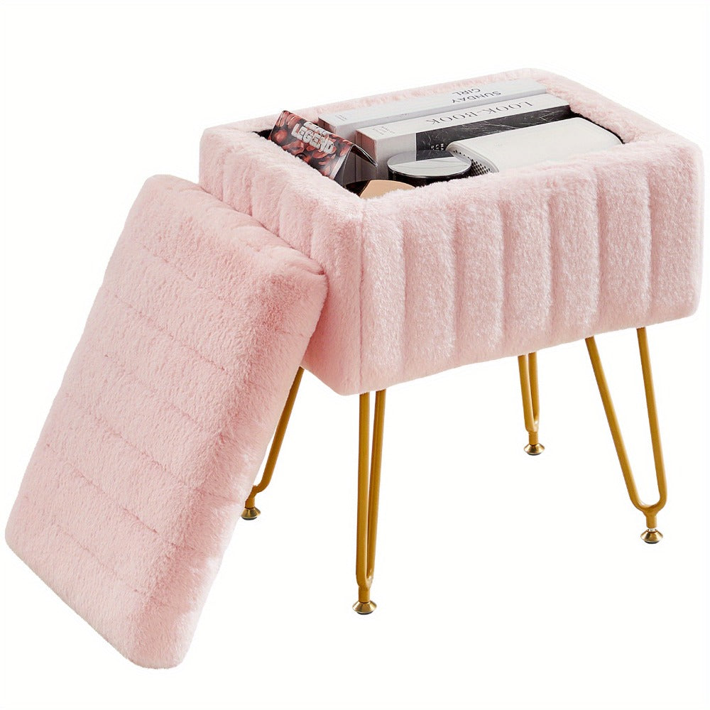 Faux Fur Storage Ottoman Stool, Furry Vanity Seat with Storage, 4 Metal Legs & Feet, Cute Modern Multi-Function Chair for Bedroom