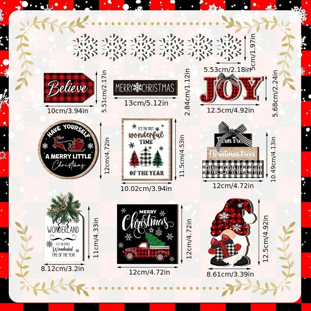 Tiered Tray Decor Set 15/20pcs Winter Christmas Farmhouse Wooden Signs - Buffalo Check for Entryways, Bedrooms and Living Spaces