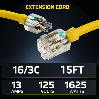 Extension Cord 2 Pack 15ft Outdoor Indoor SJTW 16/3 Full Copper Wire LED Power Indicator 13A 125V 1625W Grounded 3 Prong