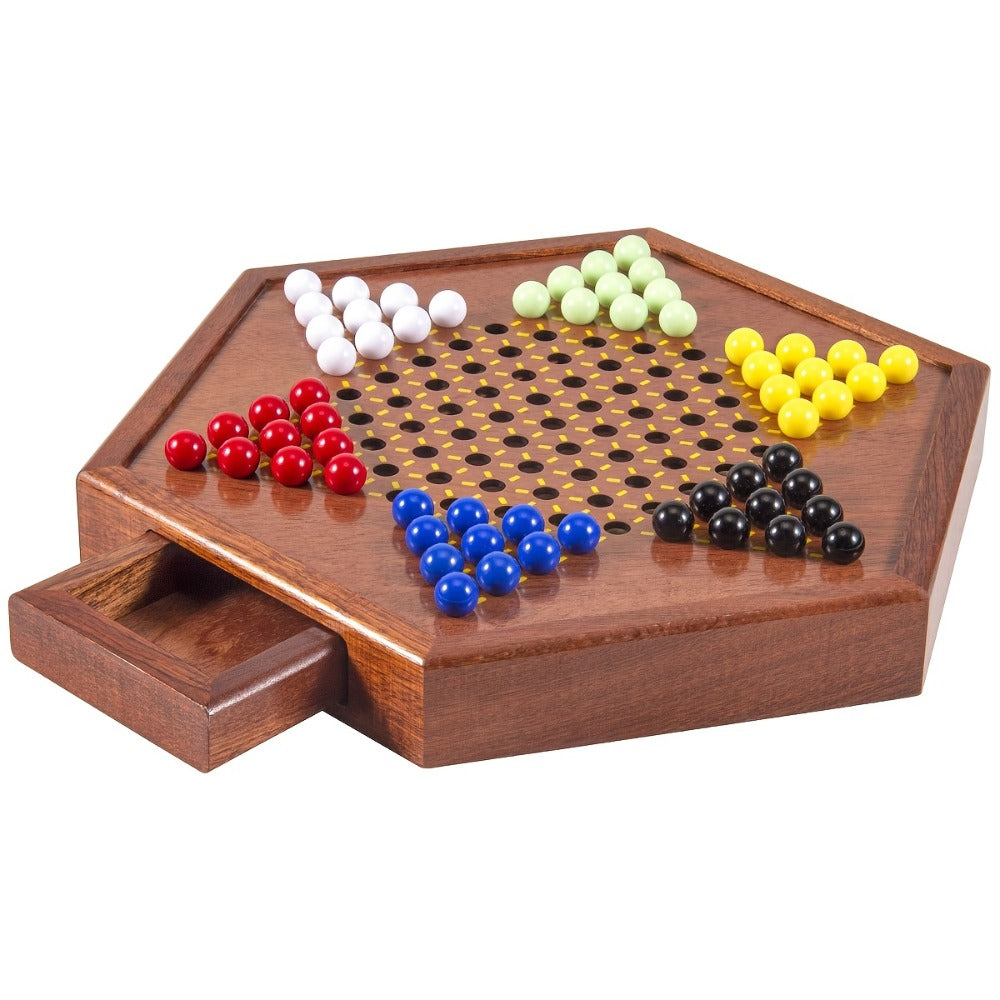 Deluxe Wooden Chinese Checkers Game Set 12.5 Inch Hexagonal Board with Storage Drawer 60 Acrylic Marbles