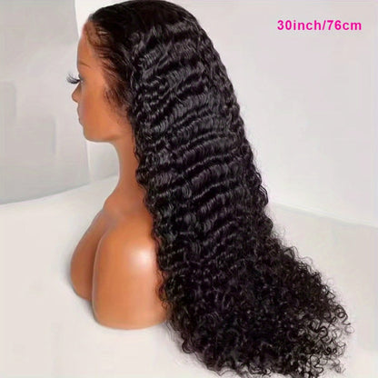 Lace Front Wig Deep Wave Human Hair, 28- or 34-Inch Natural Black with 13x4 HD Front and 250% Density