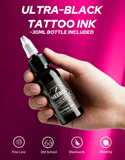 Tattoo Machine Kit Neebol A-07, A-07 Pro or B-08 Cordless Pen with 1600mAh Battery, 20 Cartridges and 8 Inks