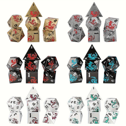 Dragon Metal Dice Set 7pcs Hand-Polished, Retro Carved Dragon Pattern Polyhedral DnD TTRPG RPG Dice with Dragon Storage Bag