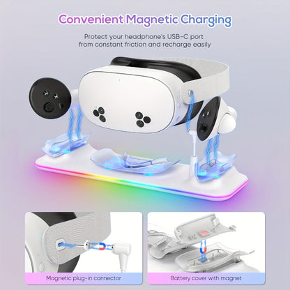 Meta Quest 3S / Quest 3 Charging Dock, PD 18W Fast Charging Station with RGB Light, Magnetic Charger Stand for Headset & Controllers