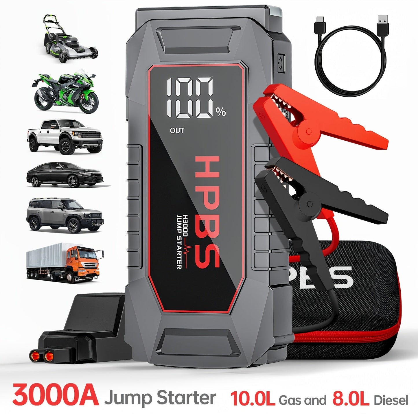 Gray Jump Starter with 3000A or 5000A Source Labels, 24000mAh Marking, Clamp Leads and Carry Case