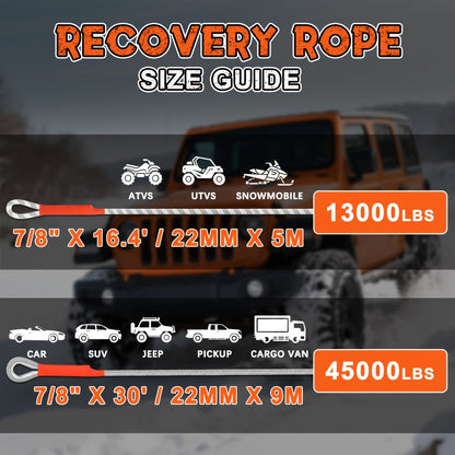 Recovery Tow Strap Kit 45000 LBS Break Strength – 7/8" x 30ft Polyester Rope, 2 D-Ring Shackles, Reflective Flag & Storage Bag