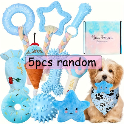 Puppy Chew Toy Set 5 Pieces – Non-Toxic Plush and Plastic Teeth Cleaning Toys for Small Dogs, Durable Teething Toy Bundle for Dental Health