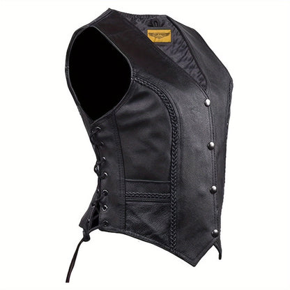 Women's Leather Motorcycle Vest – Concealed Carry Pockets, Lace-Up Sides, Metal Eyelet Accents, Adjustable Straps, Edgy Biker Style, Black
