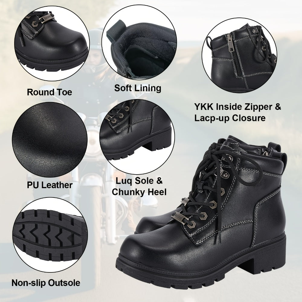 Women's Motorcycle Riding Boots, Low Heel Lace-Up Ankle Booties with Side Zipper, Non-Slip Rubber Sole Biker Combat Boots in Black Faux