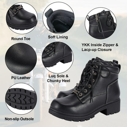 Women's Motorcycle Riding Boots, Low Heel Lace-Up Ankle Booties with Side Zipper, Non-Slip Rubber Sole Biker Combat Boots in Black Faux
