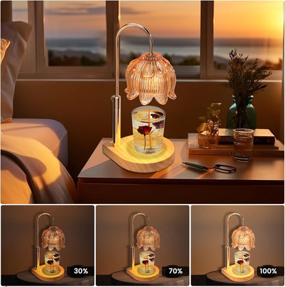 Lily-Glass Candle Warmer Lamp with Silver-Tone Post, Wood-Look Base, Three Brightness Levels and 2/4/8-Hour Timer