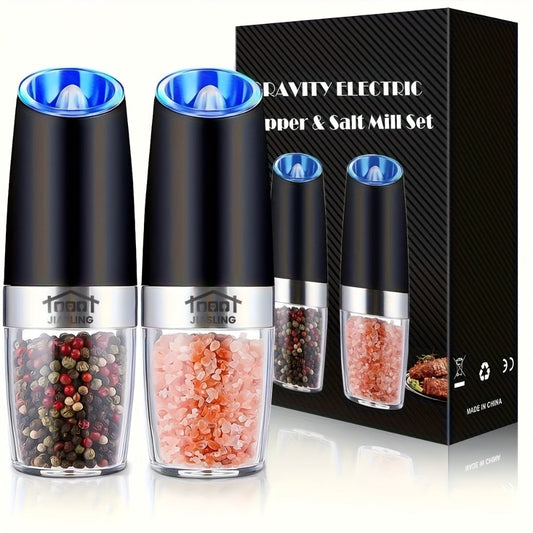 Electric Salt and Pepper Grinder Set 2PCS, Battery-Powered, LED Light, One-Handed Operation, Adjustable Coarseness