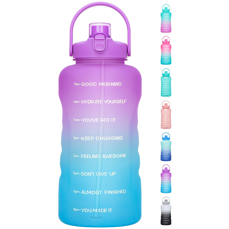 128oz Water Bottle Jug with Time Markers, Handled Flip-Top Straw Lid and Seven Color Treatments