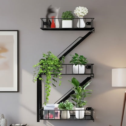 Staircase Wall Shelf with Three- or Four-Level Structures across Four Wrought-Iron Checkout Options