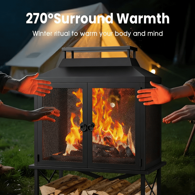 Outdoor Fireplace 39 Inch Rectangular Wood Burning Fire Pit with Grill, Spark Screen & Poker