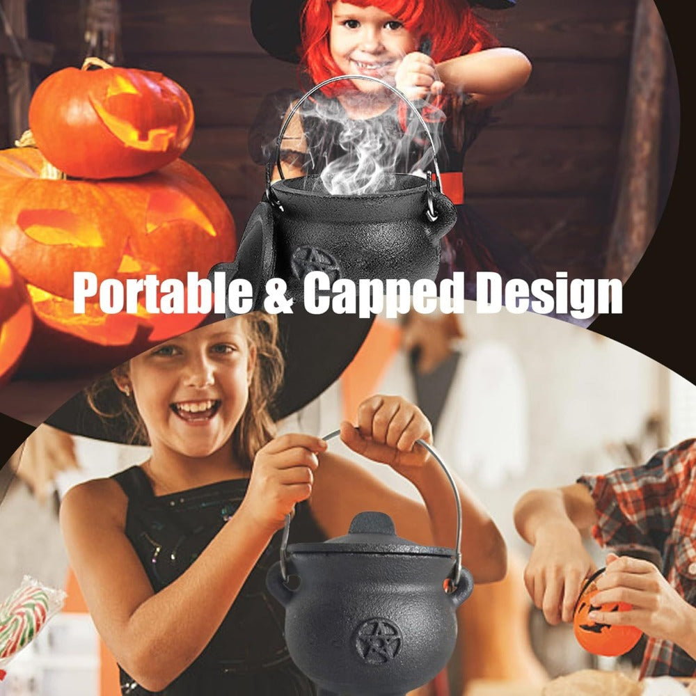 Cast Iron Cauldron with Lid & Handle, Witchcraft Incense Burner, Spell Ritual Pot, Halloween Decor