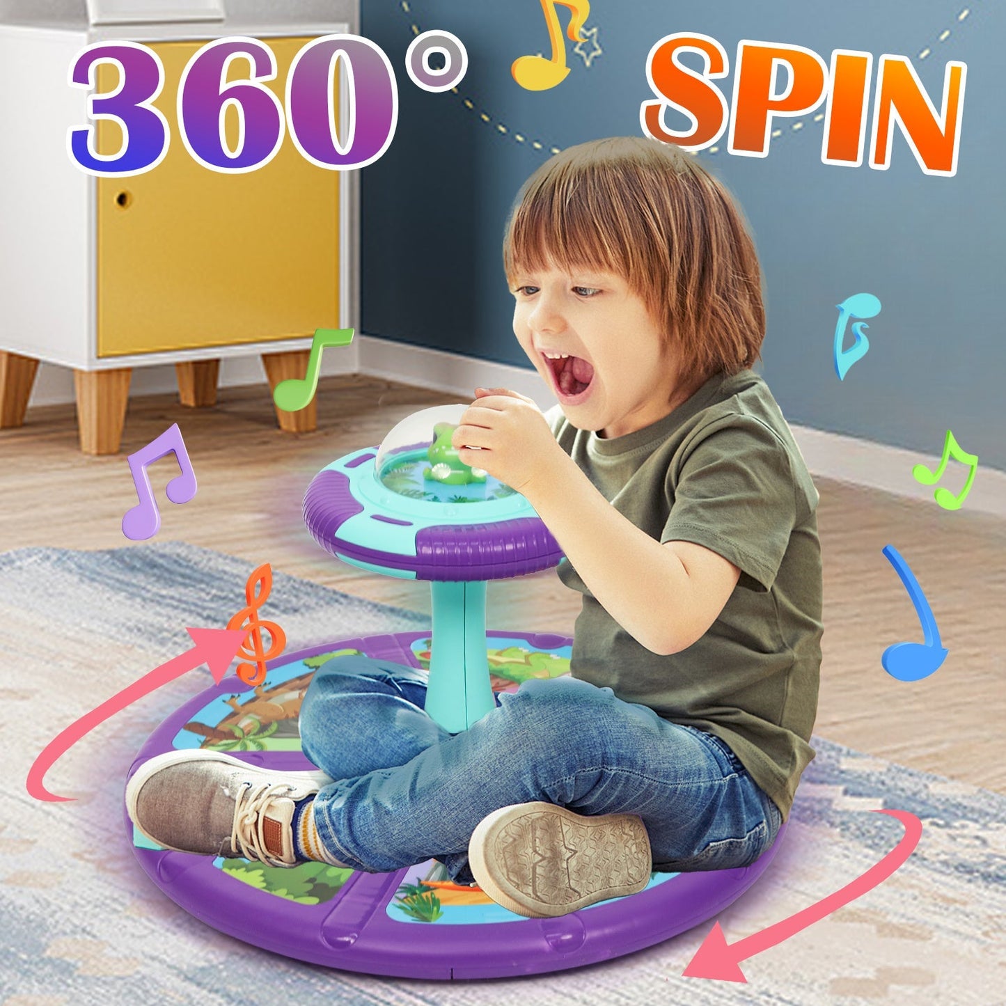 Dinosaur Spin Seat Toy for Toddlers 18 Months+, 360° Sit and Spin with Music, Indoor Interactive Sensory Balance Toy