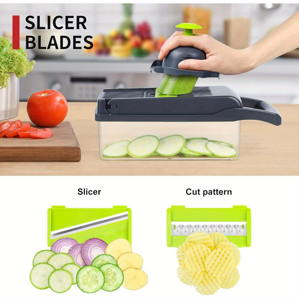 Vegetable Chopper 16-in-1 Manual Food Chopper Set, 8 Interchangeable Blades with Container, Grater & Strainer