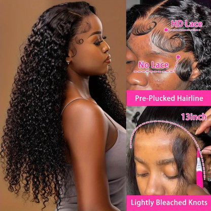 Lace Front Wig Deep Wave Human Hair, 28- or 34-Inch Natural Black with 13x4 HD Front and 250% Density