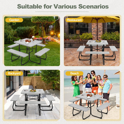 Outdoor Picnic Table 8-Person, Square HDPE Table with 4 Built-in Benches, Umbrella Hole, Metal Frame