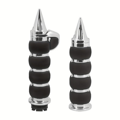 Harley Davidson Handlebar Grips 1-Inch Chrome Rubber Spike Non-Slip, CNC Aluminum & PVC Gel Rubber, Fits Sportster Dyna Touring VRSC XL XR
