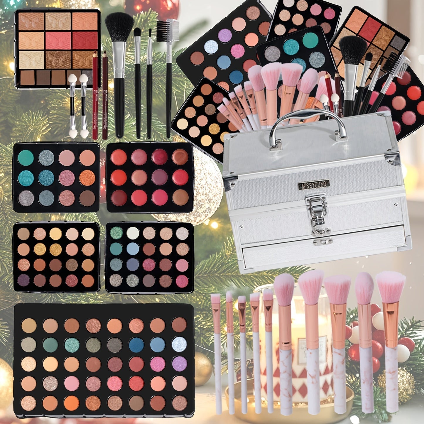 Portable Makeup Case Set with Fold-Out Color Palettes, Brush Collection and Silver or Leopard-Print Case Options
