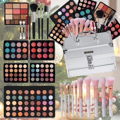 Portable Makeup Case Set with Fold-Out Color Palettes, Brush Collection and Silver or Leopard-Print Case Options