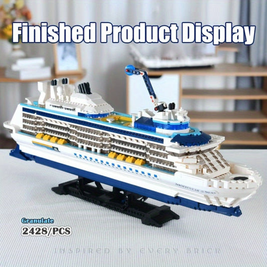 Cruise Ship Building Block Model with 2, 428 Pieces, Display Stand, Support Frame and Detailed Deck Features
