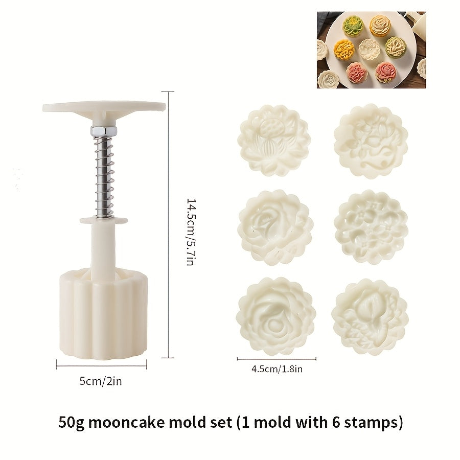 Mooncake Mold 7pcs Set, 50g Hand Press Moon Cake Maker with 6 Flower Pattern Stamps, Mid-Autumn Festival Cookie Stamp Pastry Tool